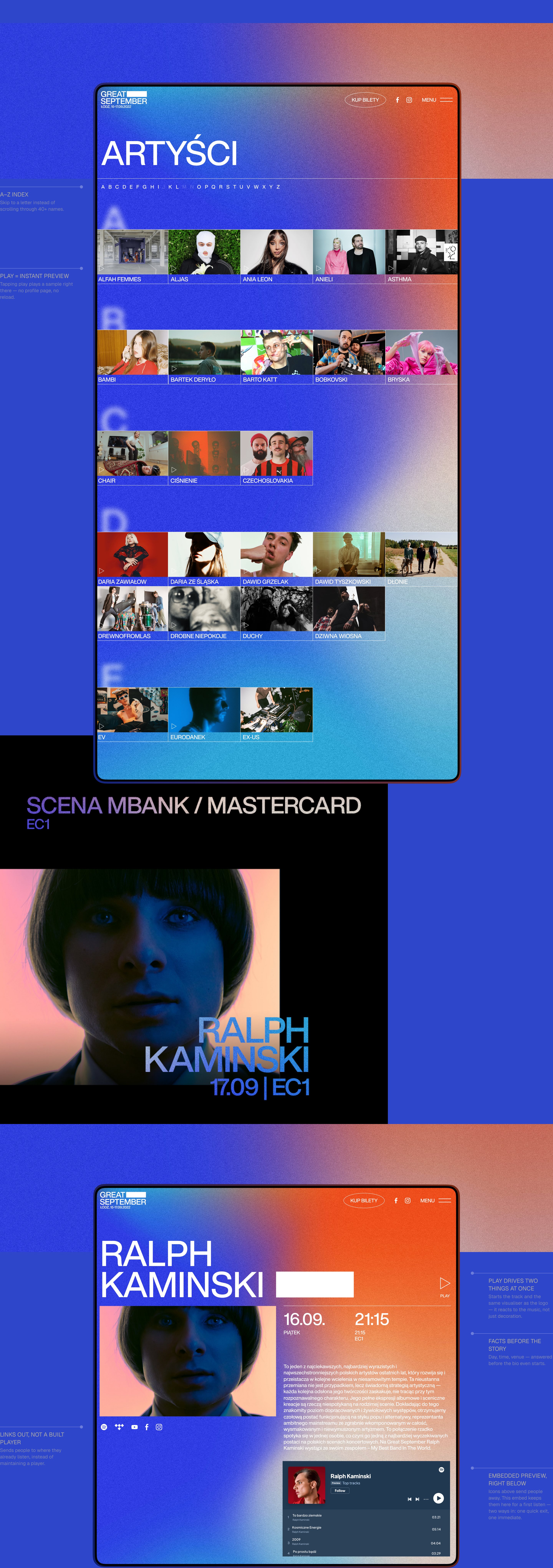An A–Z jump index. A grid of artist photo cards from A to E, one card tapped open into a full artist detail page with bio, dates, and an embedded Spotify player.