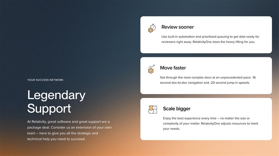Split 50/50 — feature cards example: Legendary Support · vertical