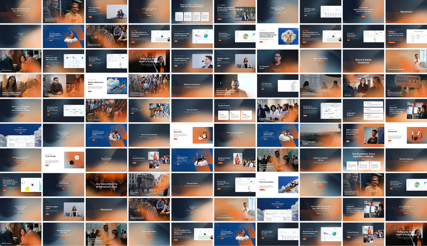 A dense mosaic of 100+ marketing pages across products, industries, use cases, AI, resources, and company — one consistent visual system.