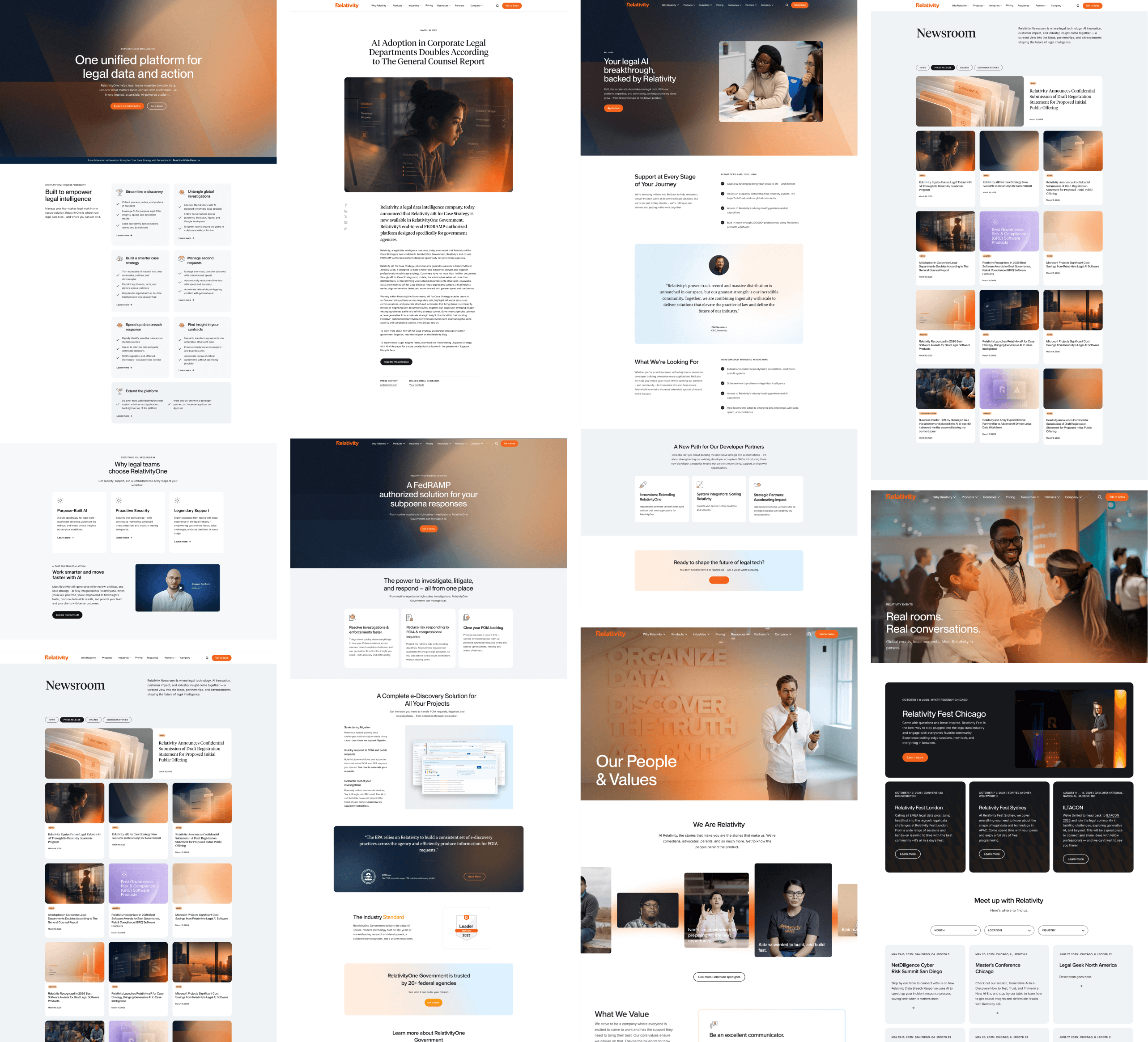 A collage of finished marketing pages — product, newsroom, government, and events — all built from the same system.